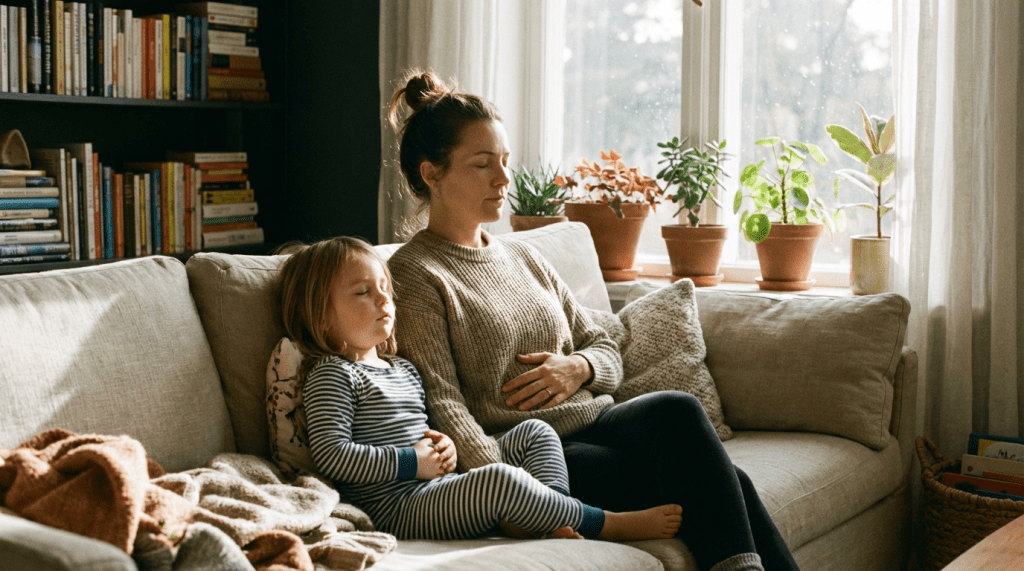 A woman and a young child sitting on a sofa with eyes closed, meditating.