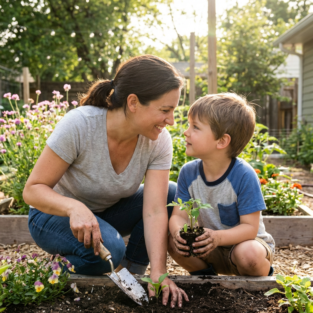 Mother and young son smile at each other while planting seedlings in a backyard garden.