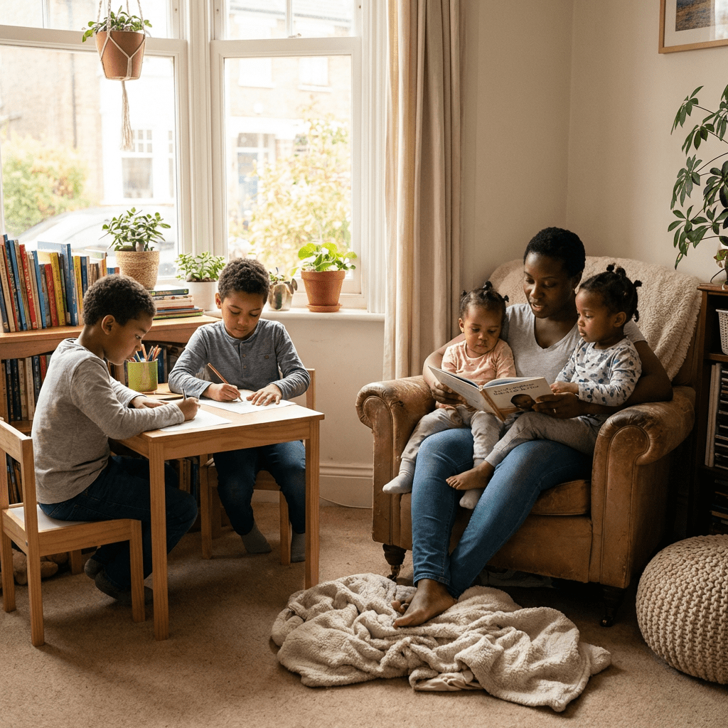 A woman reading a book to toddlers as two boys draw at a nearby desk.