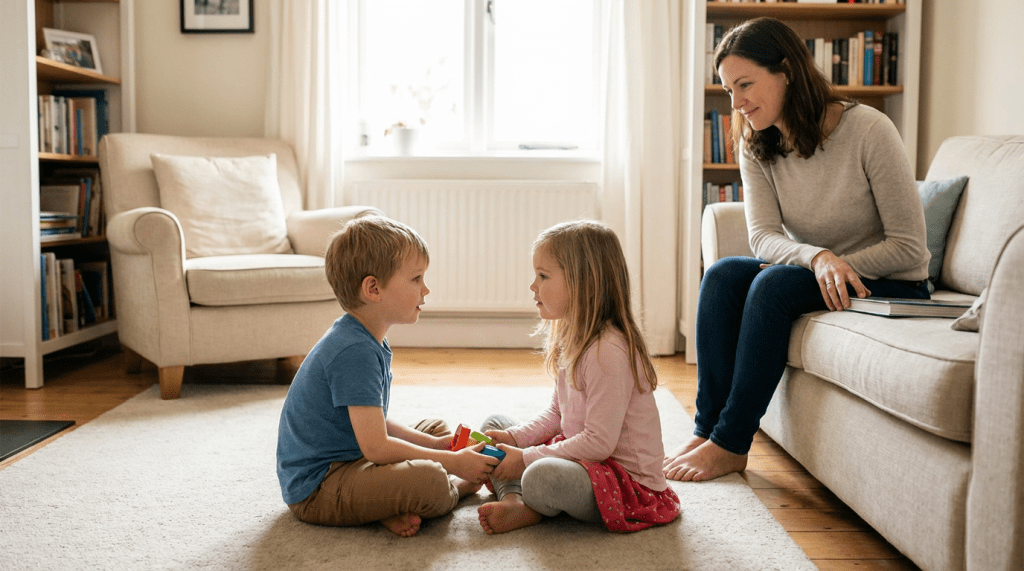 Two young children play with toys on a rug while their mother watches from a couch.