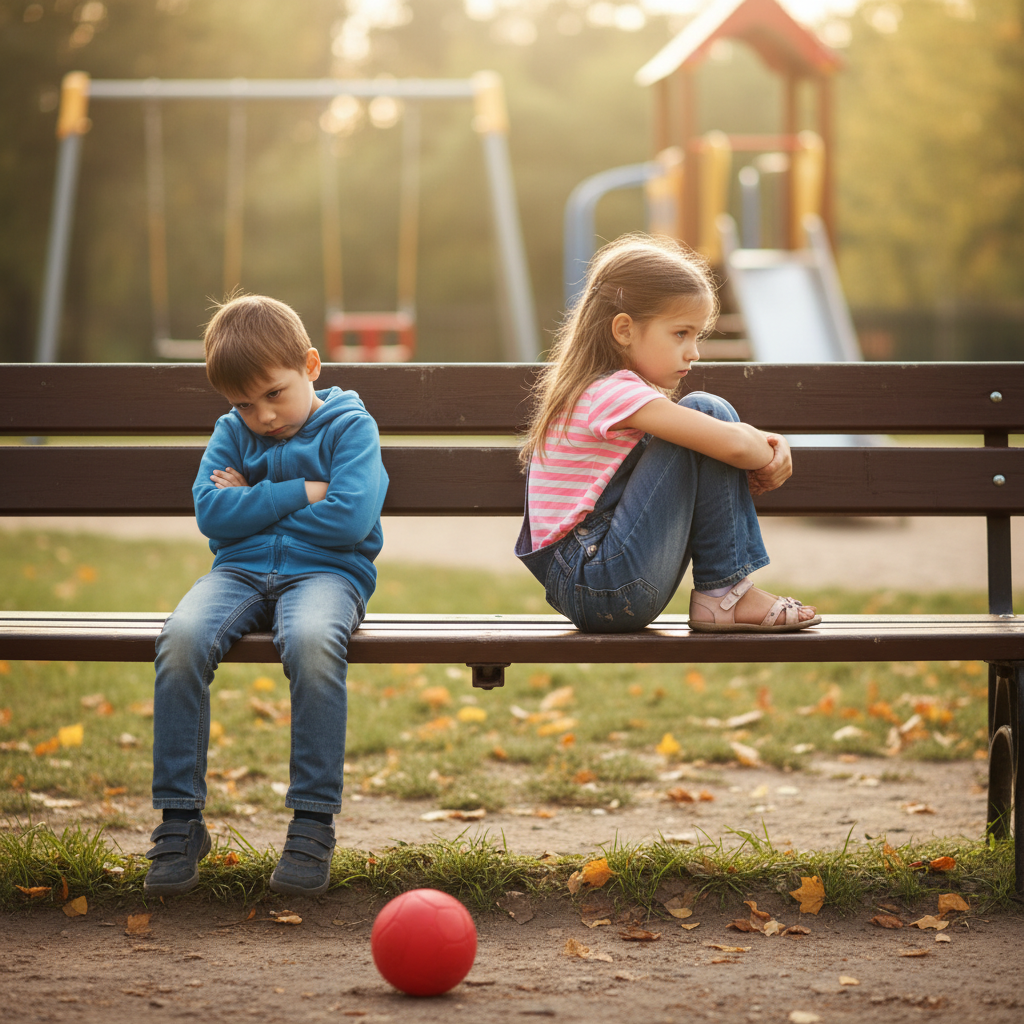 A young boy and girl sit back-to-back on a park bench with upset expressions.