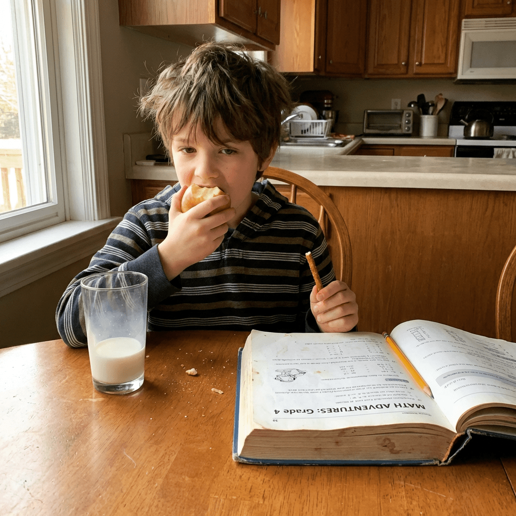Boy eating an apple and holding a pretzel with an open math book and glass of milk on the table