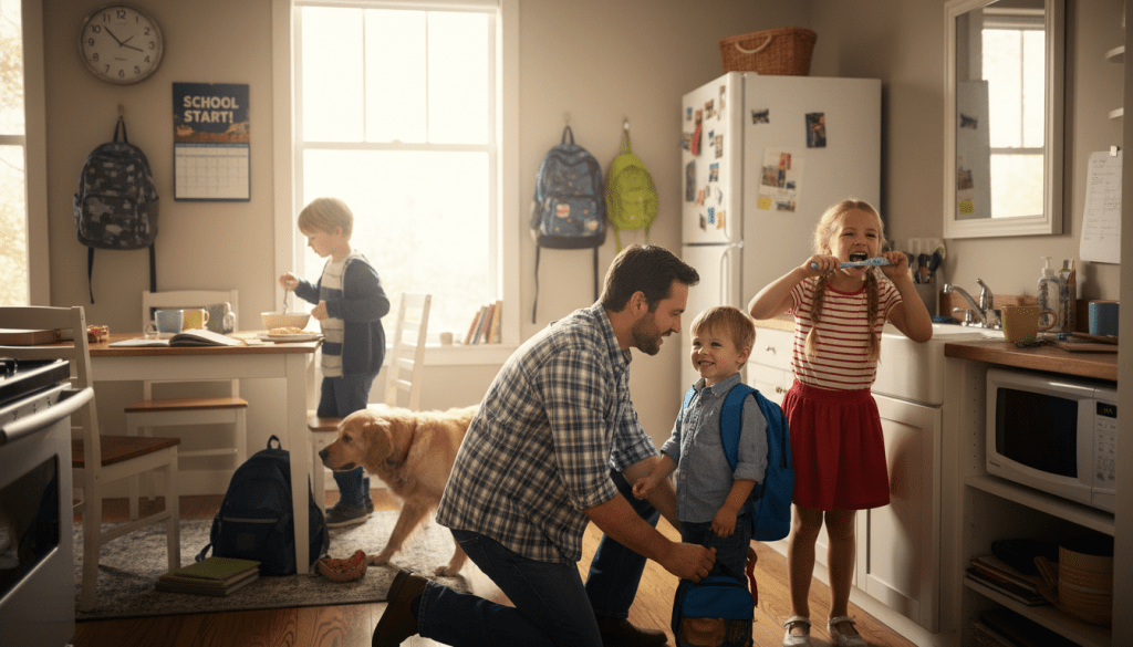 Father kneeling to help son with backpack in kitchen while daughter brushes teeth and boy eats at table