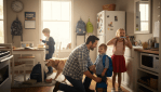 Father kneeling to help son with backpack in kitchen while daughter brushes teeth and boy eats at table