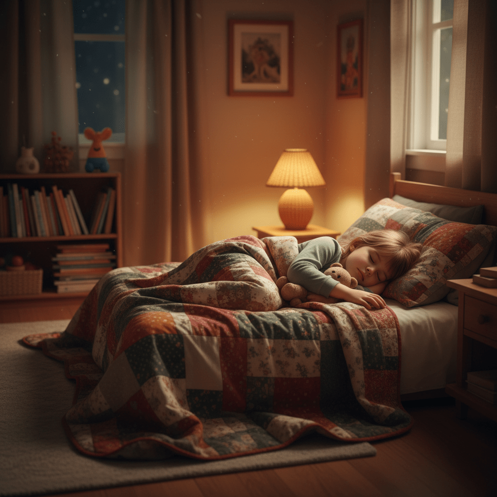 Child sleeping in bed holding a teddy bear, covered with a patchwork quilt.