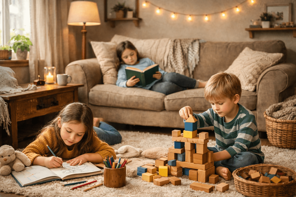 Children drawing, building blocks, and reading in cozy living room