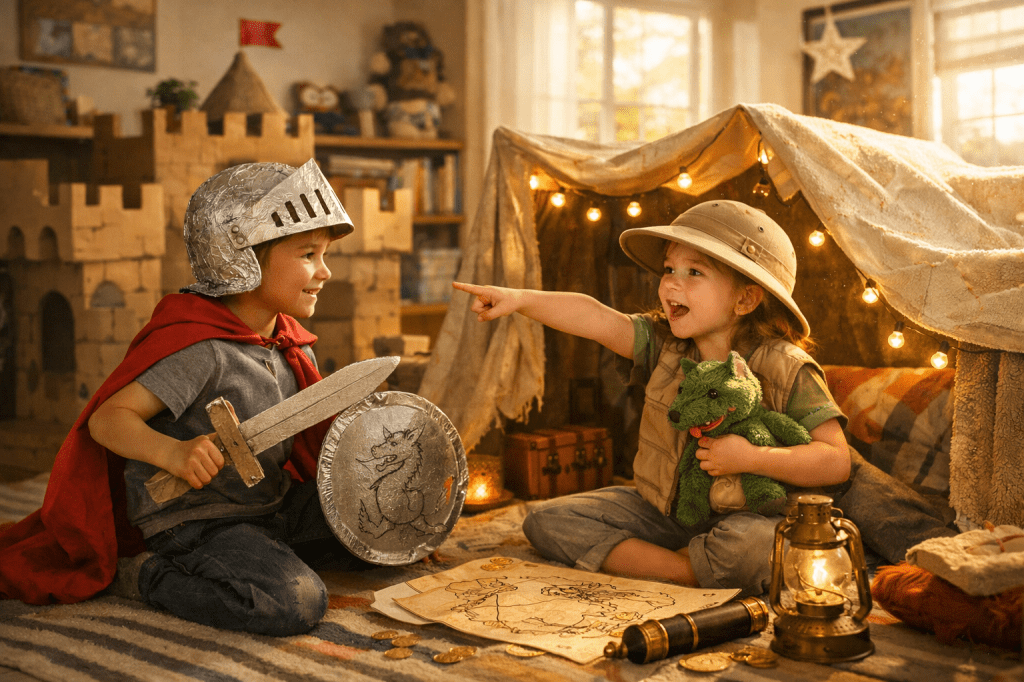 Two children playing medieval-themed adventure with homemade costume armor, shield, map, and tent.