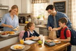 Parents preparing breakfast and packing school lunch for children in kitchen