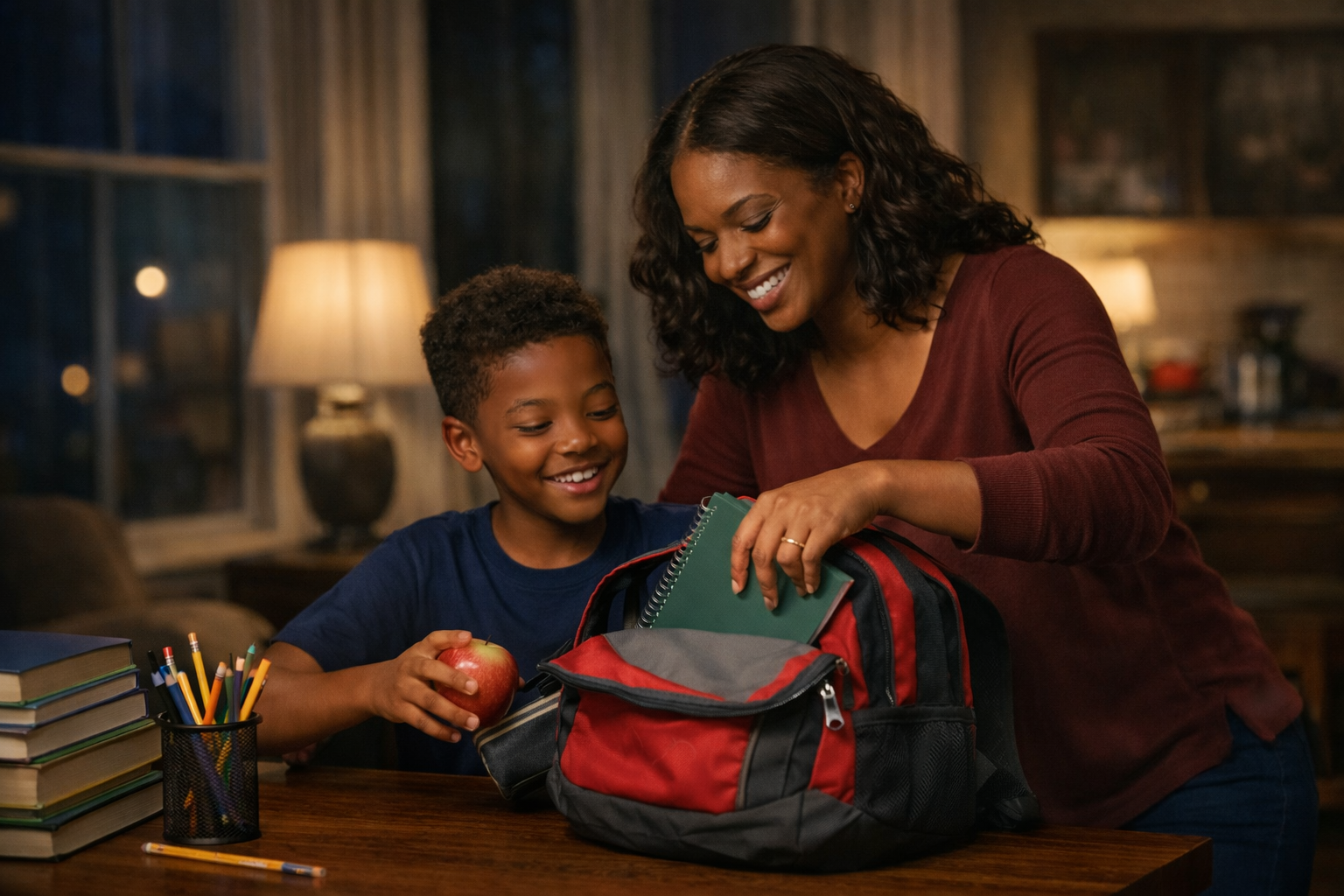 Mother packing school supplies into a backpack while son holds an apple