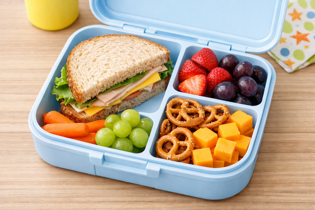 Lunchbox with turkey sandwich, baby carrots, green grapes, strawberries, purple grapes, pretzels, and cheddar cheese cubes