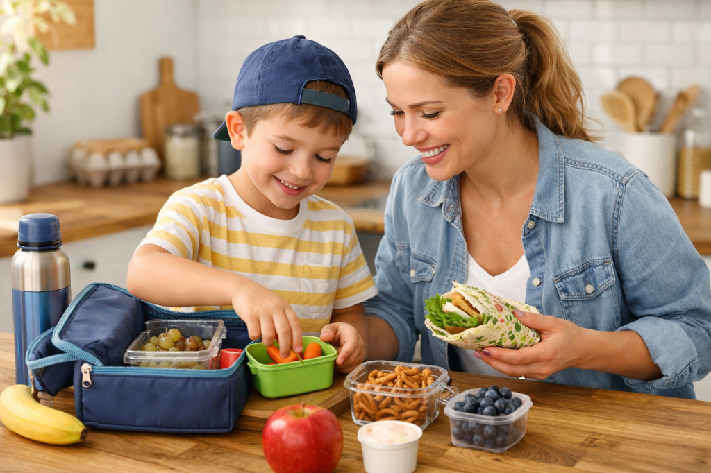 Mother helping son pack healthy lunch with fruits, vegetables, and sandwich
