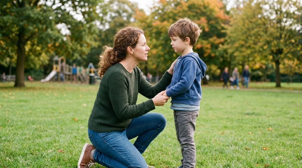 Mother kneeling and holding son's hands while talking to him in park