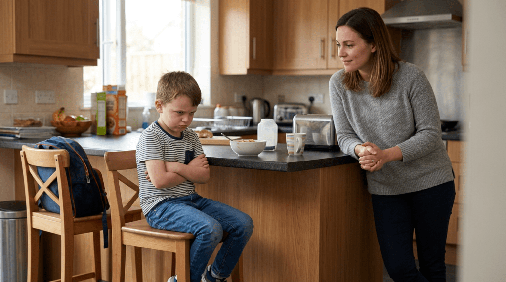 Young boy sitting with arms crossed looking upset beside mother in kitchen