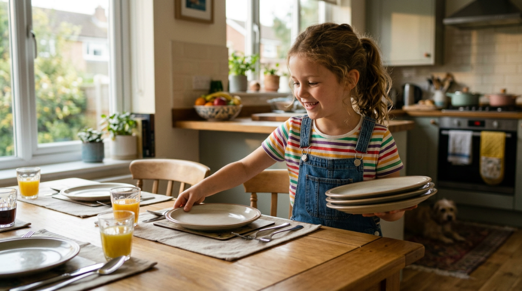 Child confidently setting table at home
