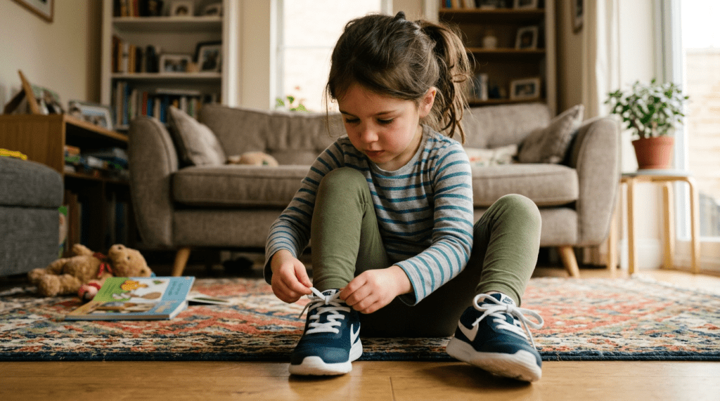 Young girl tying the laces of her navy blue sneakers while seated on a patterned rug