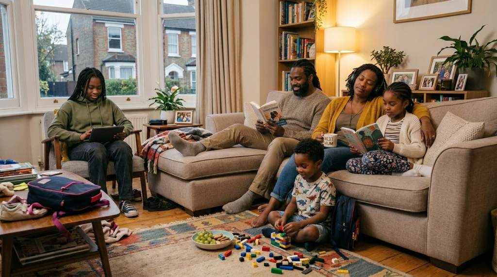 A family with two parents and three children reading and playing in a living room.