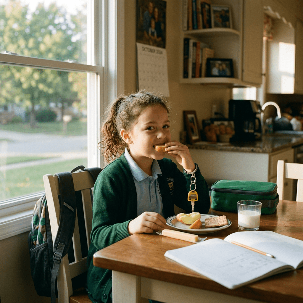 Young girl in school uniform eating an apple slice at kitchen table with snack and open notebook
