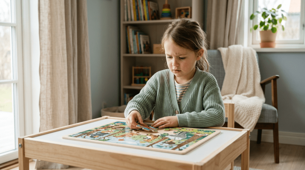 Young girl assembling a colorful wooden puzzle at a table