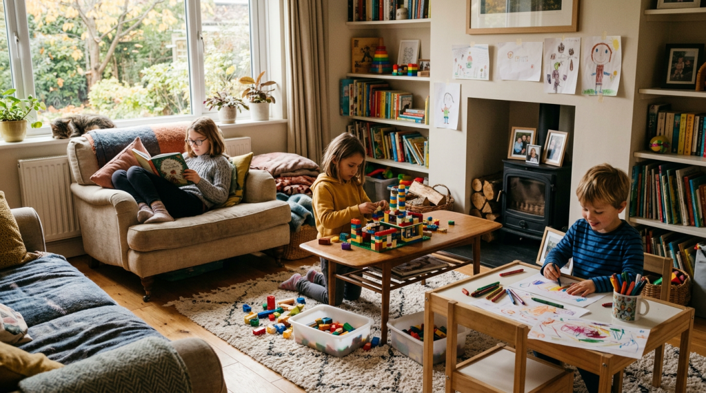 Three children in a living room reading, building with blocks, and drawing at a table