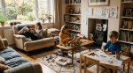 Three children in a living room reading, building with blocks, and drawing at a table