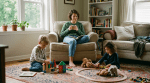 Mother sipping a hot beverage seated on armchair with two children playing with building blocks and a toy train on the floor