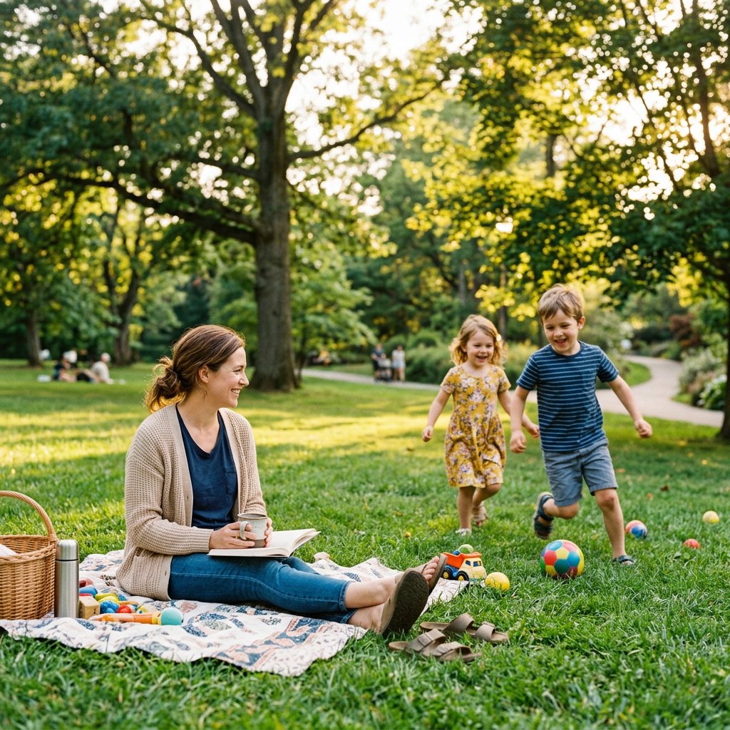 Mother sitting on picnic blanket holding mug and book while children run and play nearby in park