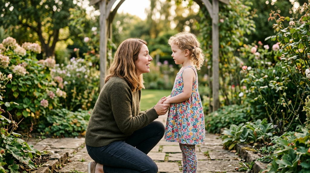Mother holding daughter’s hands and talking in garden pathway