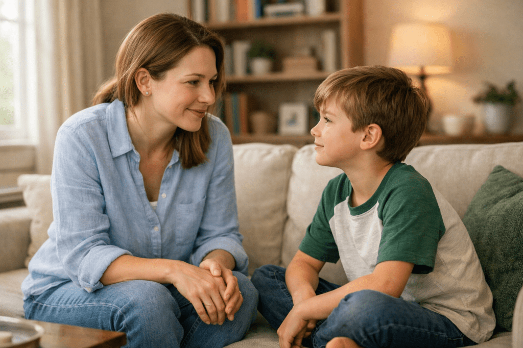 Mother and son sitting on couch looking at each other and smiling